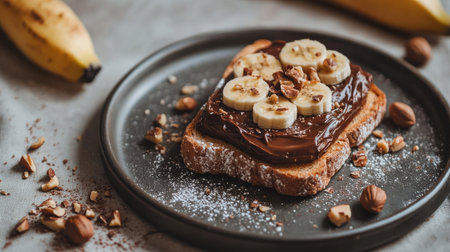 A breakfast plate with toasted bread topped with chocolate paste, garnished with chopped hazelnuts and banana slices for a delicious morning treat.の素材