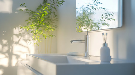 A bright, airy bathroom interior with a rectangular sink, chrome water tap, and a large mirror reflecting natural light, creating a fresh and open feel.の素材
