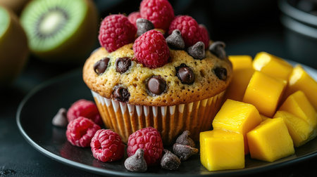 A moist chocolate chip muffin topped with fresh raspberries, with sliced kiwi and mango cubes on the side. The combination of fruits adds a refreshing balance to the indulgent treat.の素材