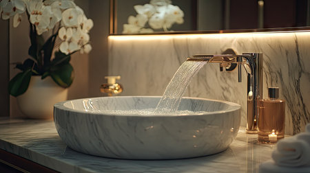 A luxurious marble bathroom with an elegant countertop sink and waterfall-style water tap, surrounded by elegant decor and soft, warm lighting.の素材