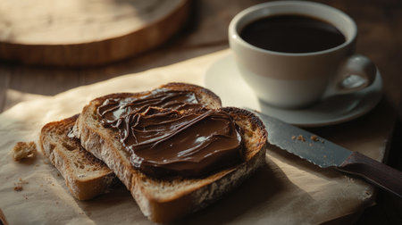 A breakfast table featuring toasted bread covered with chocolate paste, a knife laying beside, and a cup of coffee in the background.の素材
