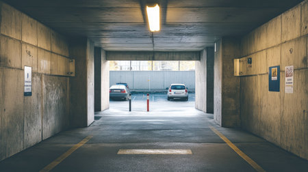 A clear view from the underground parking exit with lined-up vehicles, concrete walls, and signs leading to the street outside. Bright light shines through the exit gate.の素材