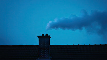 A chimney emitting a trail of white smoke in the early hours of the morning. The gentle smoke contrasts with the deep blue sky and silhouetted rooftops.の素材