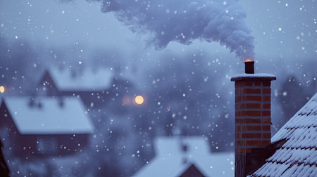 A chimney releasing soft smoke on a cold evening, with snow-covered rooftops in the background. The gentle smoke adds warmth to the otherwise frosty landscape.の素材