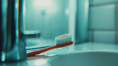 A close-up of a toothbrush and toothpaste in front of a fogged-up bathroom mirror, with a blurred reflection of someone brushing their teeth.の素材