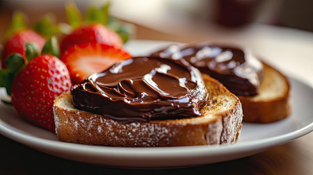 A close-up of warm, golden-brown toast topped with smooth chocolate paste, served on a white plate with a side of fresh strawberries for a perfect breakfast.の素材