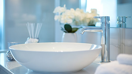 A close-up of a contemporary white sink and shiny chrome tap in a modern bathroom, with clean lines and a sleek, minimalist design.の素材
