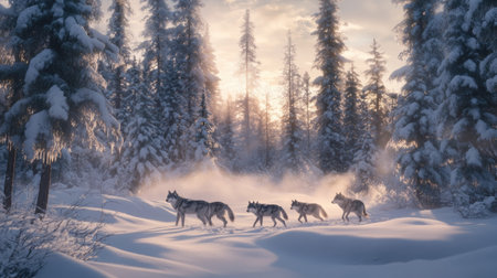 A pack of Eurasian wolves moving through a snowy forest, their breath visible in the cold air. The snow-covered trees create a dramatic, winter wilderness scene.の素材
