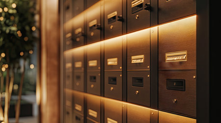 A row of sleek, modern mailboxes in a well-lit condominium lobby. Each box neatly labeled with apartment numbers, with soft lighting and a clean, minimalistic design.の素材