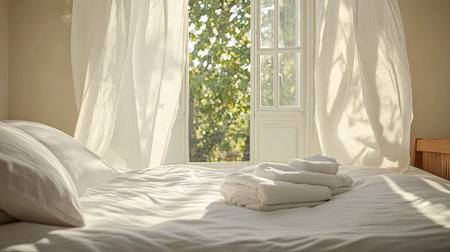 A serene bedroom with folded white towels resting on a neatly made bed, with light curtains blowing in the breeze from an open window.の素材