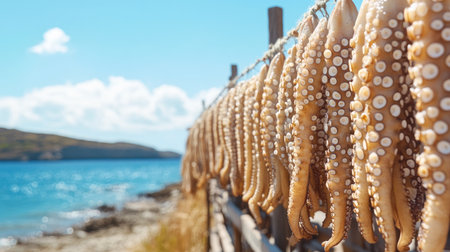 A row of sun-dried octopuses hanging from a line against a backdrop of a crystal-clear blue sky and calm sea. The traditional drying method contrasts with the beautiful scenery.の素材