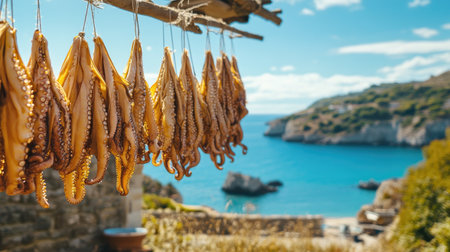 A row of sun-dried octopuses hanging from a line against a backdrop of a crystal-clear blue sky and calm sea. The traditional drying method contrasts with the beautiful scenery.の素材