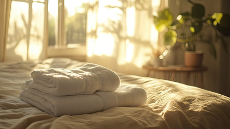 A set of perfectly folded white towels on a bed with neutral-toned bedding, sunlight streaming through the window, creating a warm and inviting atmosphere.の素材