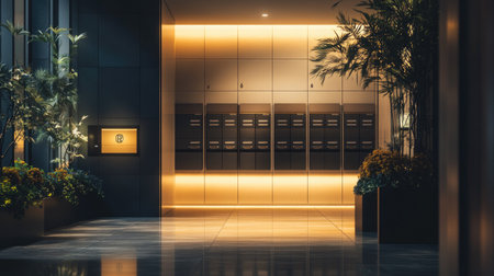 A row of sleek, modern mailboxes in a well-lit condominium lobby. Each box neatly labeled with apartment numbers, with soft lighting and a clean, minimalistic design.の素材