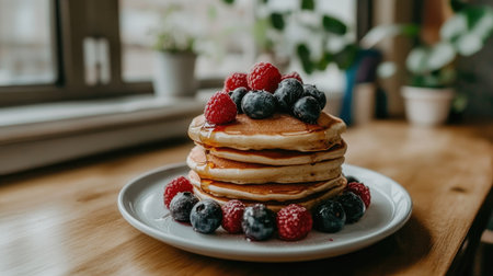 A stack of buttermilk pancakes topped with mixed berries and maple syrup, served on a bright kitchen table with natural morning light.の素材