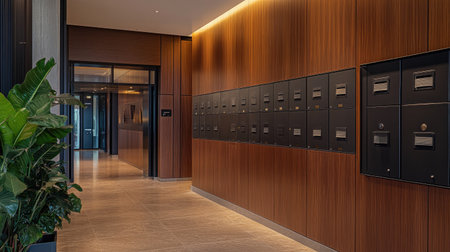 A row of neatly arranged condominium mailboxes, each labeled with apartment numbers. The sleek design contrasts with the wooden wall paneling in the lobby.の素材