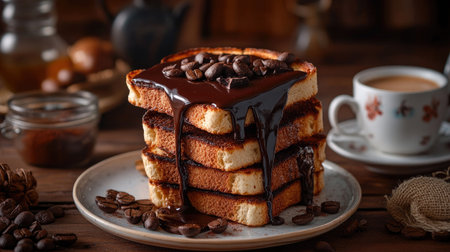 A stack of toasted bread with chocolate paste dripping from the edges, served with a cup of espresso and a decorative breakfast setup.の素材