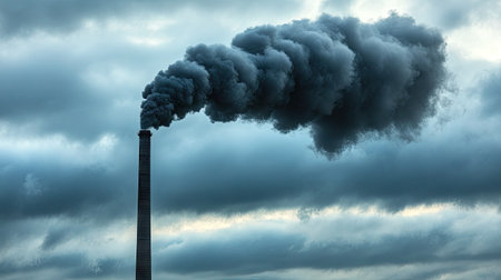 Black smoke rising from a chimney in an industrial area, mixing with a cloudy sky. The heavy plume contrasts sharply with the gritty urban landscape below.の素材