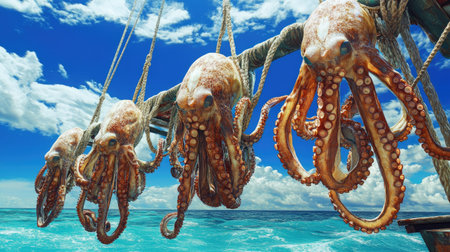 A view of multiple sun-dried octopuses on a fishing boat, suspended by ropes, with the bright blue sea and sky stretching out into the horizon behind them.の素材