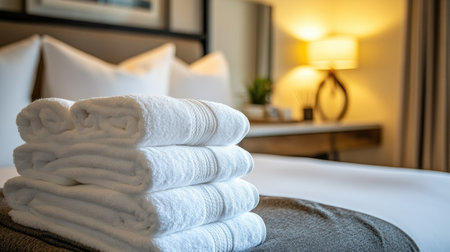 A stack of soft white towels folded and placed on a bed, with clean, minimalist bedding in a modern guest room.の素材