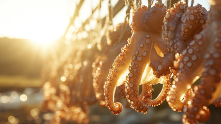 Close-up of sun-dried octopuses hanging on a line with their tentacles curled inwards. The bright sun and clear sky create strong contrasts between the light and the drying seafood.の素材