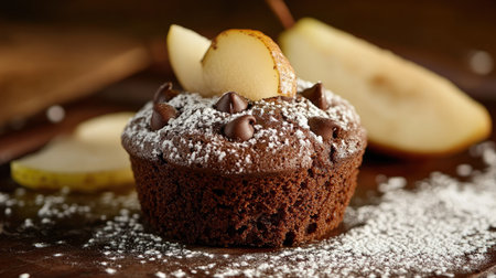 A warm chocolate muffin with chocolate chips, topped with thinly sliced pears and a sprinkle of powdered sugar. A unique twist on the classic muffin, paired with fresh fruit.の素材
