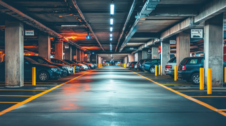 Urban underground parking lot with a wide exit gate, concrete pillars, and lines of parked cars. Exit signs guide the way toward the bright, outdoor light ahead.の素材