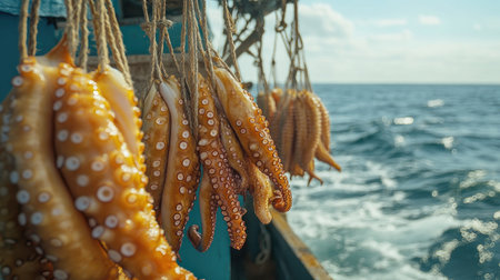 Sun-dried octopuses hanging from ropes on a fishing boat, gently swaying in the breeze. The ocean waves in the background enhance the maritime setting.の素材
