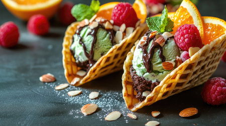 Colorful waffle taco shells filled with mint chocolate chip ice cream and garnished with fresh raspberries, sliced oranges, and a sprinkle of crushed almonds.の素材