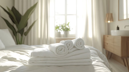 Freshly folded white towels on a bed with crisp white linens, set against the backdrop of a serene, Scandinavian-style bedroom.の素材