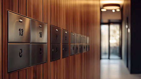 Close-up view of a stylish mailbox panel in a contemporary condominium. Metal mailboxes with numbered labels, surrounded by wood paneling and modern lighting.の素材