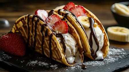 Crispy waffle taco shells filled with cookies and cream ice cream, topped with banana slices, strawberries, and a drizzle of chocolate syrup for extra indulgence.の素材