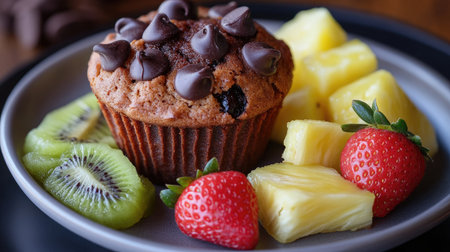Chocolate chip muffin served with a medley of fruits pineapple, kiwi, and strawberries. The sweet, juicy fruits enhance the rich, chocolatey flavors of the muffin.の素材