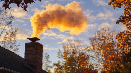 Thick smoke billowing from a chimney on a crisp autumn day. The warm, amber tones of the setting sun create a beautiful backdrop for the rising smoke.の素材