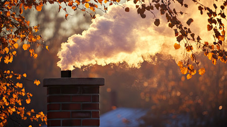 Thick smoke billowing from a chimney on a crisp autumn day. The warm, amber tones of the setting sun create a beautiful backdrop for the rising smoke.の素材