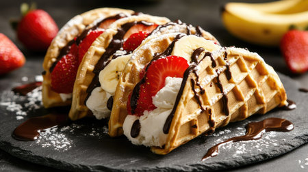 Crispy waffle taco shells filled with cookies and cream ice cream, topped with banana slices, strawberries, and a drizzle of chocolate syrup for extra indulgence.の素材