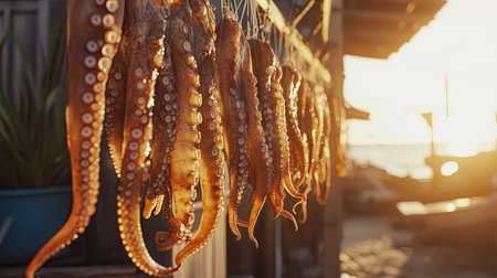 Sun-dried octopus hanging from a line outside a rustic restaurant near the shore. The dried tentacles sway gently in the wind as the warm sun beats down.の素材