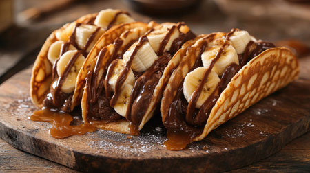 Waffle tacos filled with chocolate ice cream, fresh banana slices, and drizzled with caramel sauce. A decadent dessert served on a rustic wooden table.の素材