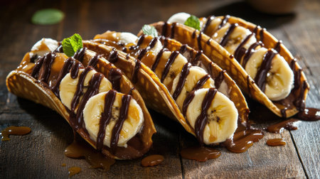 Waffle tacos filled with chocolate ice cream, fresh banana slices, and drizzled with caramel sauce. A decadent dessert served on a rustic wooden table.の素材