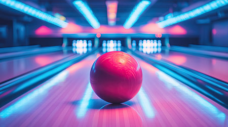 A bowling ball sitting on the return rack, ready for the next throw, with multiple lanes and pins visible in the background under colorful lights.の素材