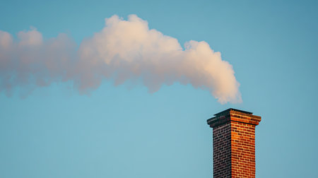 Smoke billowing from a large brick chimney in an urban neighborhood. The plume rises slowly into the cool morning air, blending with the early light.の素材