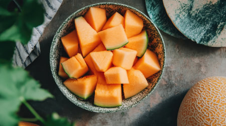 A bowl filled with cantaloupe slices and cubes, showcasing the bright orange fruit and its refreshing, juicy texture, perfect for a summer treat.の素材