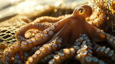 Octopus tentacles spread out in the sun on a net, slowly drying under the bright, golden rays. The rough texture of the drying skin contrasts with the smooth netting beneath.の素材