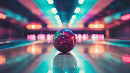 A bowling ball spinning down the lane, with its colorful surface reflecting the alley lights as it approaches the pins at high speed.の素材
