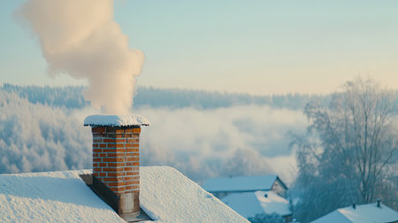 Soft, white smoke coming from a chimney on a frosty morning. The winter landscape is covered in a light blanket of snow, while the smoke gently rises into the sky.の素材