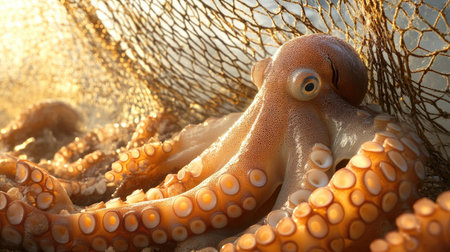 Octopus tentacles spread out in the sun on a net, slowly drying under the bright, golden rays. The rough texture of the drying skin contrasts with the smooth netting beneath.の素材