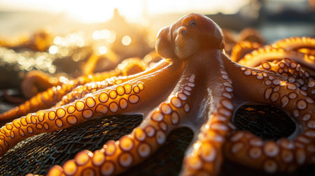 Octopus tentacles spread out in the sun on a net, slowly drying under the bright, golden rays. The rough texture of the drying skin contrasts with the smooth netting beneath.の素材