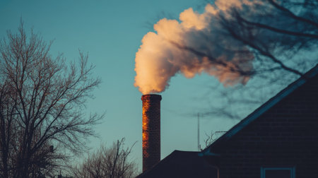 Smoke billowing from a large brick chimney in an urban neighborhood. The plume rises slowly into the cool morning air, blending with the early light.の素材