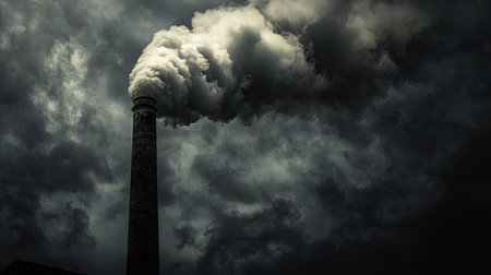 A factory chimney emitting thick smoke under a dark sky. The industrial setting is highlighted by the ominous clouds, with the smoke adding to the dramatic feel.の素材