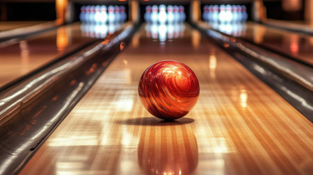 A bowling ball spinning down the lane, with its colorful surface reflecting the alley lights as it approaches the pins at high speed.の素材